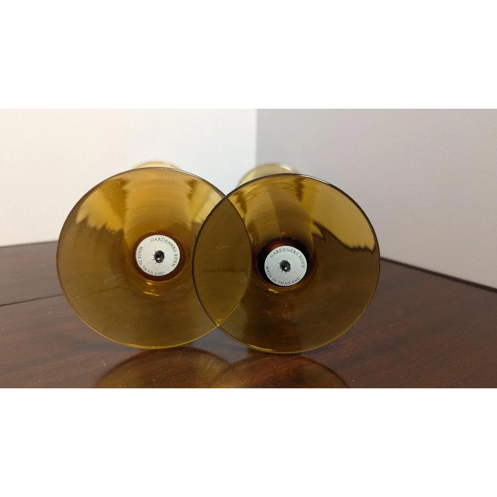 Gardeners Eden Vintage Amber Glass Candle Holders Pair 8in Mid Century Modern